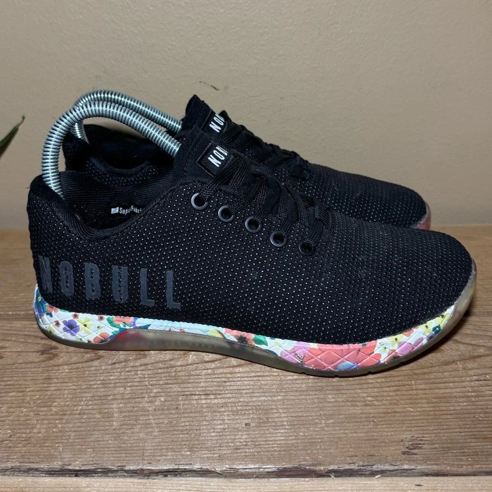 Nobull Women’s Black Knit Trainer with Multi Floral Sole